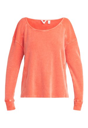 Langarm-sweatshirt in koraal met een gestructureerd geribd patroon. Voorzien van een brede halslijn en losse mouwen.