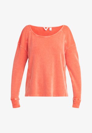 Langarm-sweatshirt in koraal met een gestructureerd geribd patroon. Voorzien van een brede halslijn en losse mouwen.