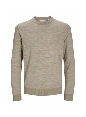 Helle beige Rundhals-Überwurf aus weichem Strickstoff. Mit langen Ärmeln und gerippten Bündchen sowie Saum für eine figurbetonte Passform.