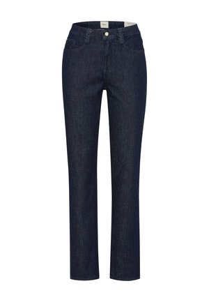 Dunkelblaue gerade geschnittene Jeans mit Vordertaschen, Knopfverschluss und Gürtelschlaufen, auf weißem Hintergrund dargestellt.