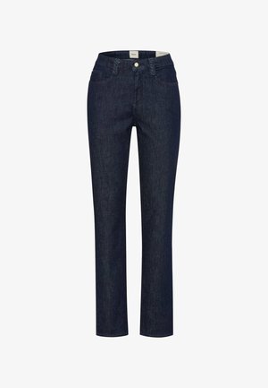 Dunkelblaue gerade geschnittene Jeans mit Vordertaschen, Knopfverschluss und Gürtelschlaufen, auf weißem Hintergrund dargestellt.