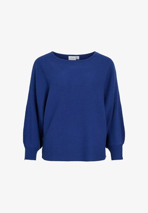 Pull en maille côtelée bleue avec un décolleté large, des épaules tombantes et des manches longues. Texture douce et coupe décontractée, minimalisme de la marque visible.