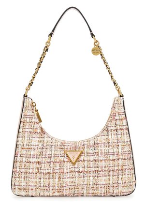 Small shoulder bag with pink, white, and gold tweed fabric, a gold chain strap, and a gold triangular Guess logo on the front.