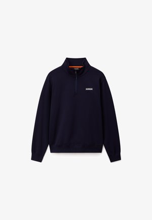 Granatowy sweatshirt z półzamkiem, prążkowanymi mankietami i dołem, z małym logo na piersi oraz gładką, miękką fakturą.