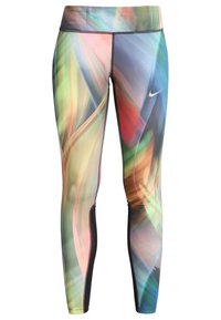 Kolorowe legginsy Nike w gradientowym wzorze z abstrakcyjnymi swirlami w odcieniach zieleni, niebieskiego, czerwonego i pomarańczowego, z czarnymi panelami bocznymi i białym logo swoosh.