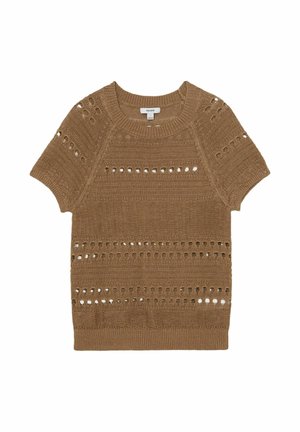 Barna rövid ujjú kötött pulóver kerek nyakkivágással és mintás, nyitott kötésű lyukakkal a mellkason, az ujjain és a testen.