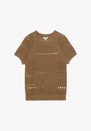 Ruskea lyhythihainen neulepaita, jossa pyöreä kaula-aukko ja kuvioituja avoimia neuloksia rinnan, hihojen ja vartalon alueella.
