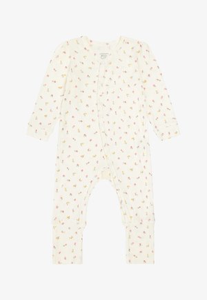 Body per neonato a maniche lunghe color crema con bottoni automatici, decorato con un piccolo motivo floreale rosa e giallo.