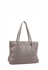 Sac fourre-tout en cuir gris avec deux longues poignées, de forme rectangulaire, surface texturée et couture décorative le long du bord supérieur.