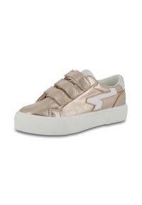 Metallic rose gold sneakers with three Velcro straps, white accents, textured finish, and a white rubber sole. Compact, sporty design.