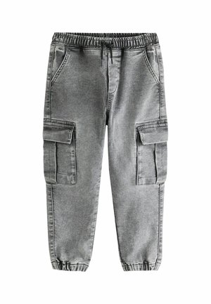 Grå cargo joggers med elastisk talje og manchetter, forlommer og store klaplommer på begge lår.