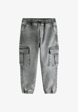 Graue Cargo-Jogginghosen mit elastischem Bund und Bündchen, Fronttaschen und großen Klappentaschen an beiden Oberschenkeln.