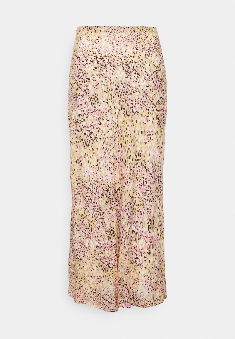 Jupe midi à imprimé léopard en tan, rose et noir ; fabriquée en tissu léger avec une texture lisse ; dotée d'une taille ajustée.