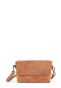 Tan leather crossbody bag with a flap closure, gold hardware, and an adjustable strap. Smooth texture with minimal branding detail.