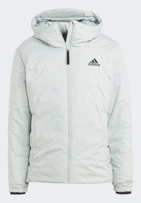 Lichtgrijs pufferjack met capuchon, met een rits aan de voorkant, elastische manchetten en een zwart Adidas-logo op de borst. Glad, geïsoleerd materiaal.