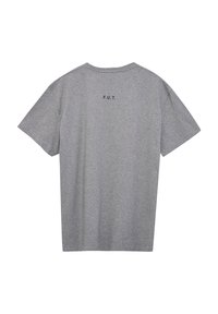 Grijs T-shirt met korte mouwen, gezien van achteren met zwarte tekst "F.U.T." gecentreerd onder de halslijn.
