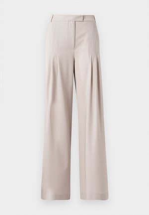 Beige wide-leg trousers featuring a smooth texture, pleated front design, and a tailored waistband. Suitable for formal or casual wear.