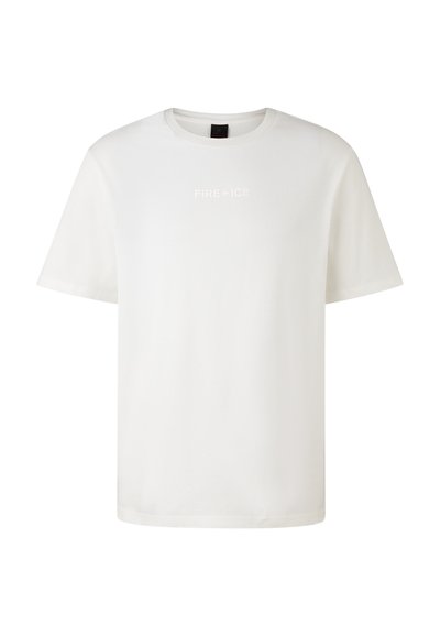Bílá bavlněná tričko s krátkým rukávem a kulatým výstřihem. Na přední straně se nachází embosovaný nápis "FIRE+ICE", hladký povrch a volnější střih.