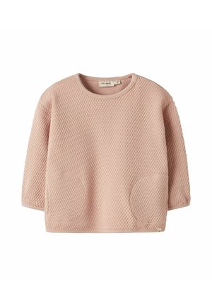 Top in maglia rosa con un motivo a nido d'ape, collo rotondo e maniche corte, dotato di due tasche laterali. Tessuto morbido con vestibilità comoda.