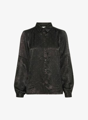 Čierna košeľa na gombíky s dlhými rukávmi, vyrobená z lesklého materiálu, s maličkými striebornými kovovými bodkami po celom povrchu. Štandardný golier a zapínanie na gombíky.