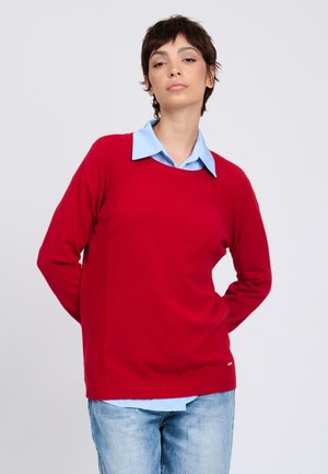 Ung person med kort mørkt hår iført en rød sweater over en lyseblå skjorte med krave og lyseblå jeans står mod en ensartet baggrund.