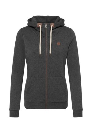 Mørkegrå hættetrøje med lynlås lavet af blødt stof, med hætte, beige snore, lommer foran og et lille brunt logomærke.