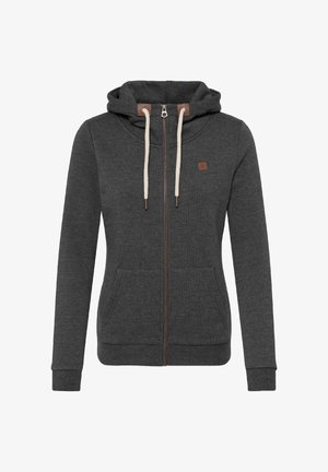 Felpa con cappuccio con cerniera grigio scuro in tessuto morbido, con cappuccio, coulisse beige, tasche frontali e una piccola etichetta con logo marrone.