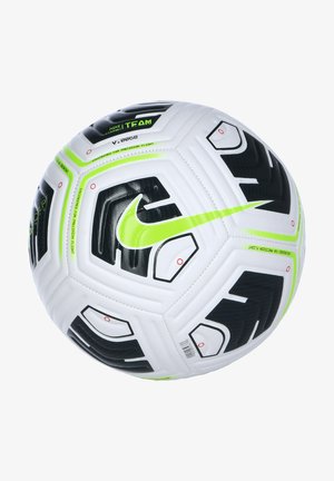 Nike Fußball mit weißer Oberfläche und schwarzen sowie knallgrünen Akzenten. Sechseckige Paneele mit strukturiertem Griff. Mit Markeninformationen.