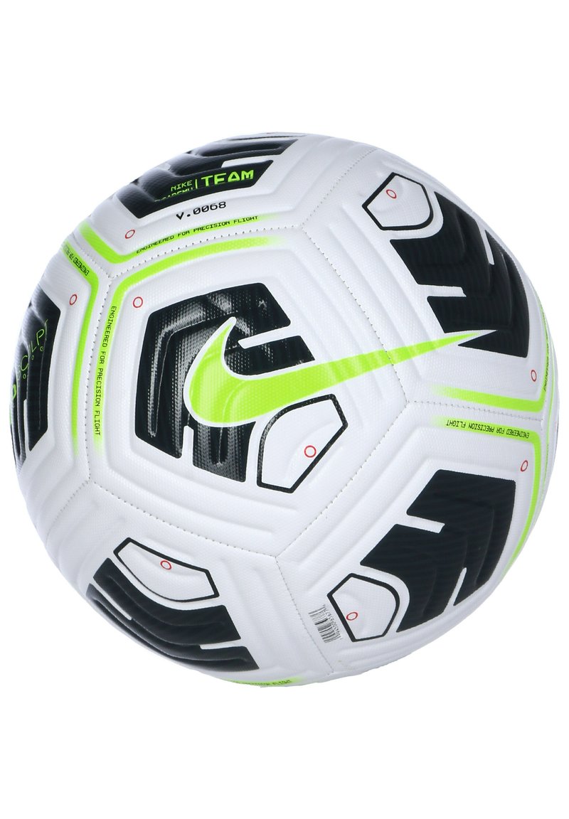 Nike Fußball mit weißer Oberfläche und schwarzen sowie knallgrünen Akzenten. Sechseckige Paneele mit strukturiertem Griff. Mit Markeninformationen.