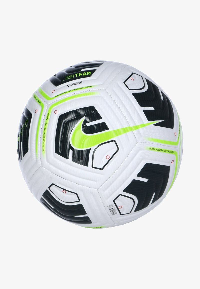 Ballon de soccer Nike avec une surface blanche ornée de motifs noirs et verts fluo. Panneaux hexagonaux avec une texture antidérapante. Comprend des détails de marque.