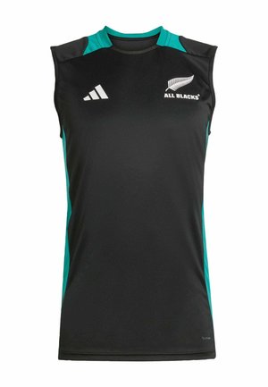 Haut de sport sans manches noir avec des accents turquoise, fabriqué en tissu respirant, arborant le logo Adidas et l'emblème des All Blacks sur le devant.