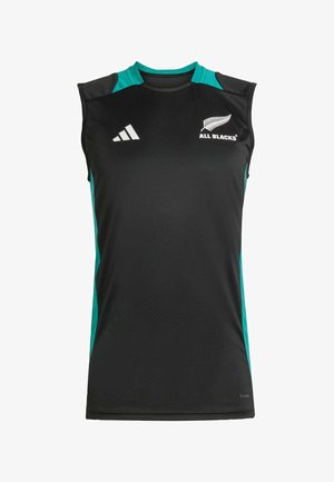 Crni bezrukavni sportski top s tirkiznim detaljima, izrađen od prozračnog materijala, s Adidas logom i simbolom All Blacks na prednjoj strani.