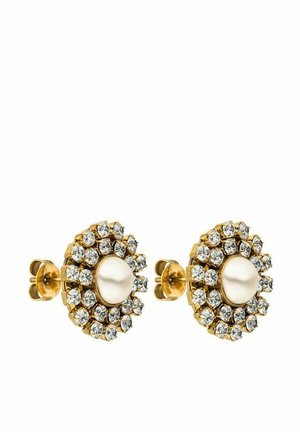 Boucles d'oreilles en or avec une perle centrale entourée d'un agencement circulaire de strass clairs. Design rond et texturé.