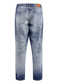 Jeanși din denim albastru deschis cu un finisaj decolorat, croi drept, cinci buzunare și o etichetă din piele maro la talie.