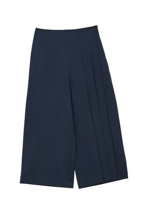 Culottes plissés navy en tissu léger. Présentent un design à jambes larges avec une texture lisse et un ourlet propre.