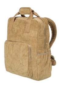 Zaino in corduroy beige con strisce testurizzate, dotato di manici imbottiti, tasca frontale con zip e spallacci regolabili.
