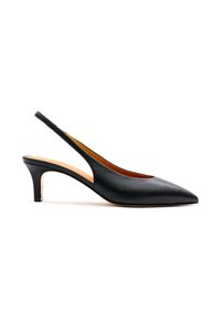 Schwarzer Slingback-Pumps aus Leder mit spitz zulaufender Zehenpartie, schlankem Absatz und offenem Seitendesign. Glatte Textur mit klassischer Silhouette.
