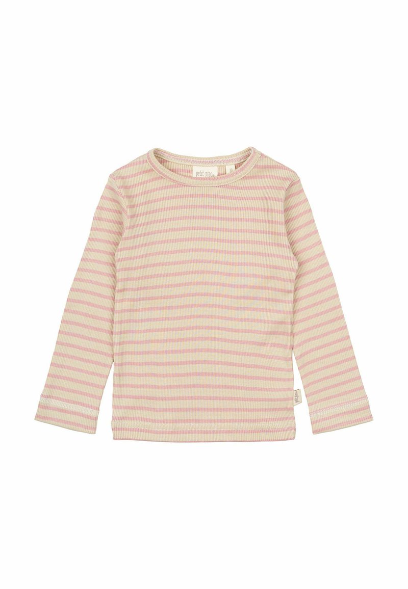 Pitkähihaisen vaaleanbeige paidan, jossa on ohuita vaaleanpunaisia ja laventelinvärisiä vaakaraitoja. Rheback-kangasta ja pyöreä pääntie. Tarra näkyvissä sivussa.