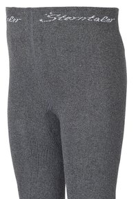 Gray knit leggings with a slight shimmer, featuring a wide elastic waistband with the word "Swimtale" stitched in white.