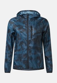 Veste légère à capuche bleu et noir à motif camouflage, avec fermeture éclair frontale complète et poche poitrine zippée étiquetée "Swedemount."