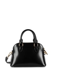 Borsa a mano in pelle nera con finitura lucida, dotata di doppio manico e tracolla rimovibile. Presenti dettagli in metallo color oro.