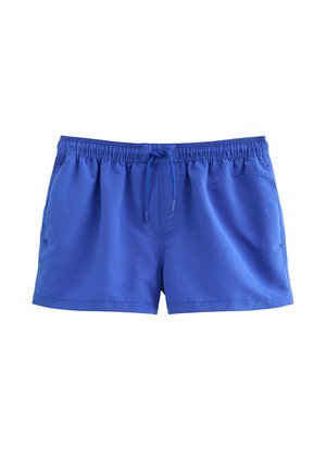Blue men's swim shorts with elastic waistband and front drawstring, featuring side pockets and a relaxed fit.