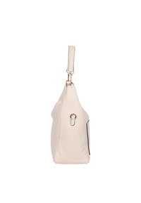 Ledertasche mit einer strukturierten cremefarbenen Außenseite, einem einzelnen verstellbaren Tragegurt und einem schwarzen Akzent an der Seite. Verfügt über eine Metallschlaufe.