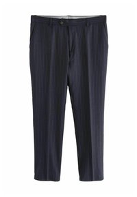 Dark navy trousers with a vertical pinstripe pattern, lightweight fabric, two side pockets, and a button closure at the waistband.
