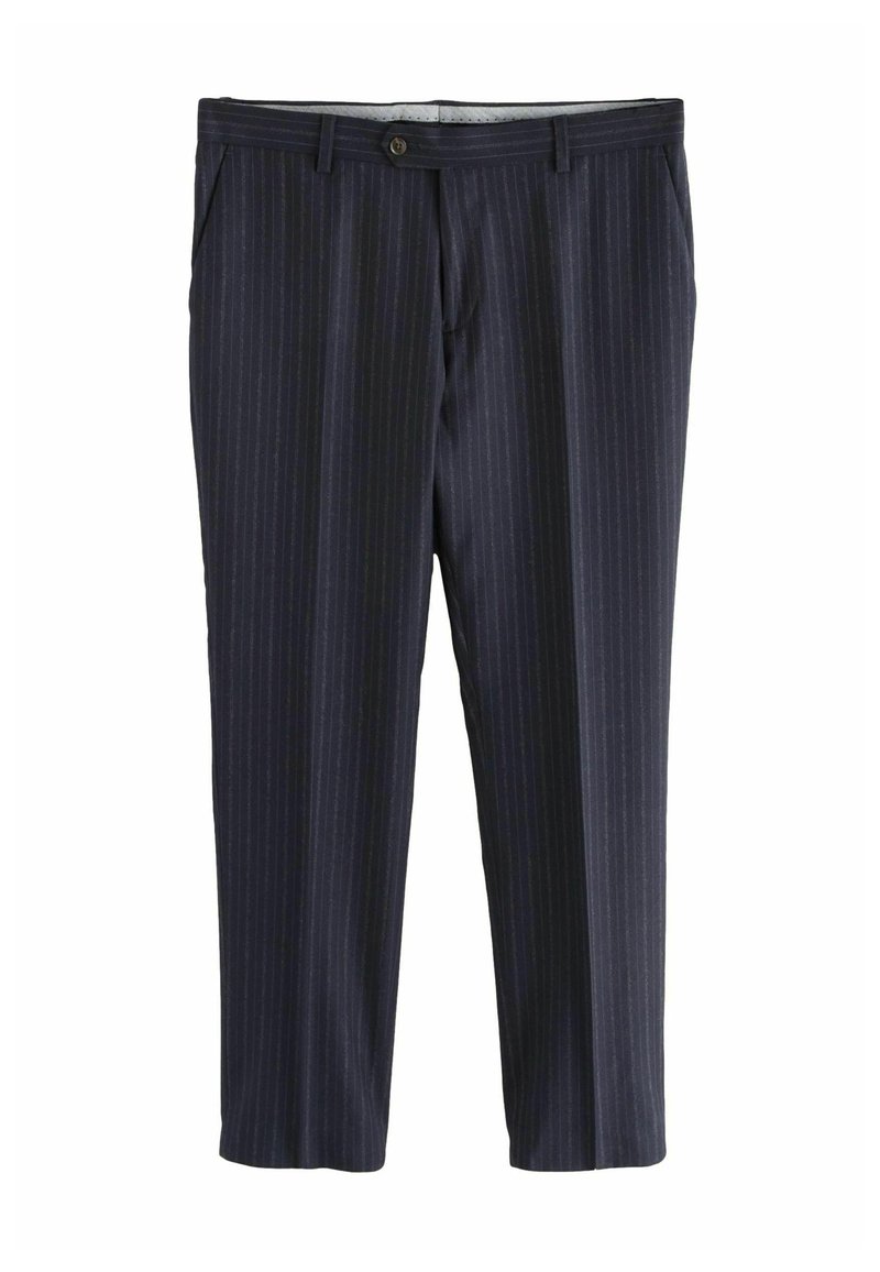 Dark navy trousers with a vertical pinstripe pattern, lightweight fabric, two side pockets, and a button closure at the waistband.