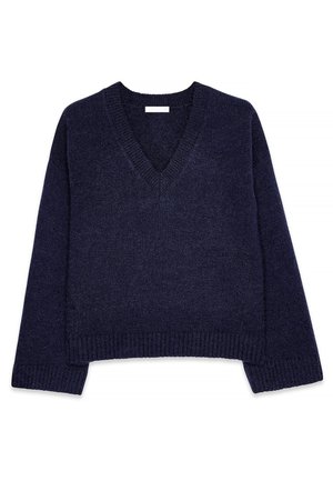 Jūras zilas v-veida kakla džemperis, izgatavots no adīta auduma, ar garām piedurknēm un ribinātu apakšmalu un aprocēm. Mīksta tekstūra ar brīvu piegriezumu.