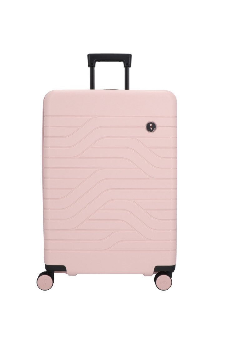 Valigia rigida rosa con un design ondulato in rilievo, manico telescopico e ruote nere. Presenta un logo circolare sulla parte frontale.