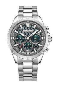 Kronografur i rostfritt stål med en grön bikake-mönstrad urtavla, tre subdials och silverdetaljer, säkrad med ett metall länkarmband.