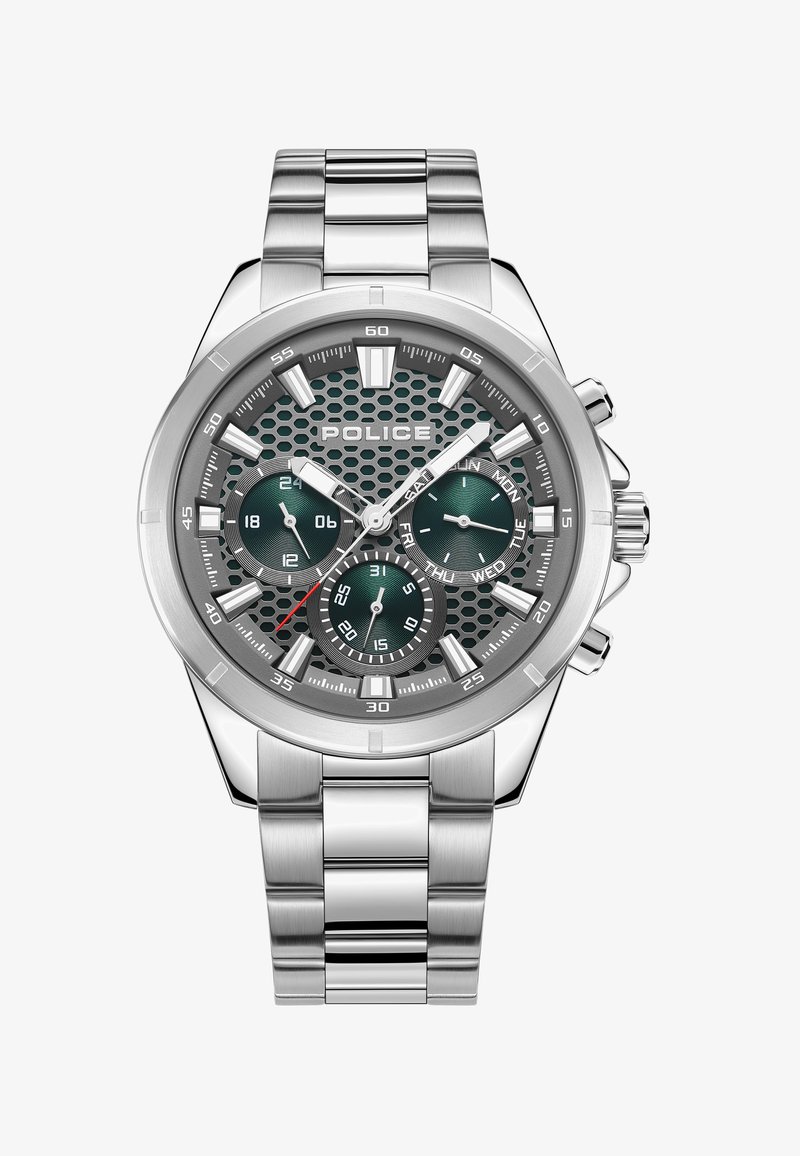 Kronografur i rostfritt stål med en grön bikake-mönstrad urtavla, tre subdials och silverdetaljer, säkrad med ett metall länkarmband.