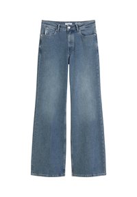 Lichtblauwe denim jeans met wijde pijpen, gemaakt van katoen, met een hoge taille, vijf zakken en een knoopsluiting.